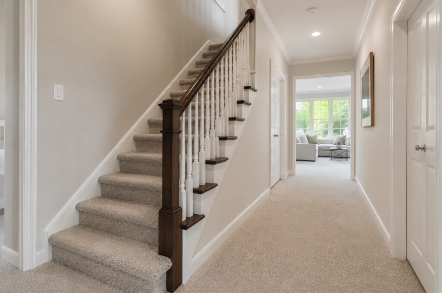 Carpeted hallway and staircase in a home prepared for sale in Monmouth County NJ