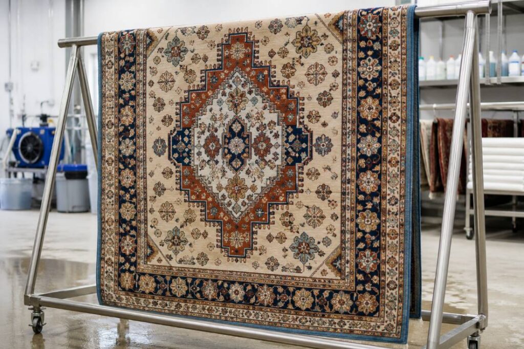 Area rug drying after professional pet urine odor removal treatment at GM Carpet Care in New Jersey