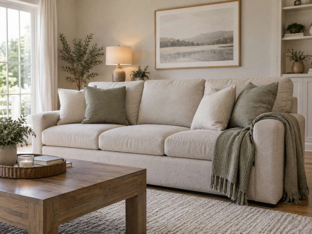 Clean upholstered sofa after professional upholstery cleaning in a Brick NJ home